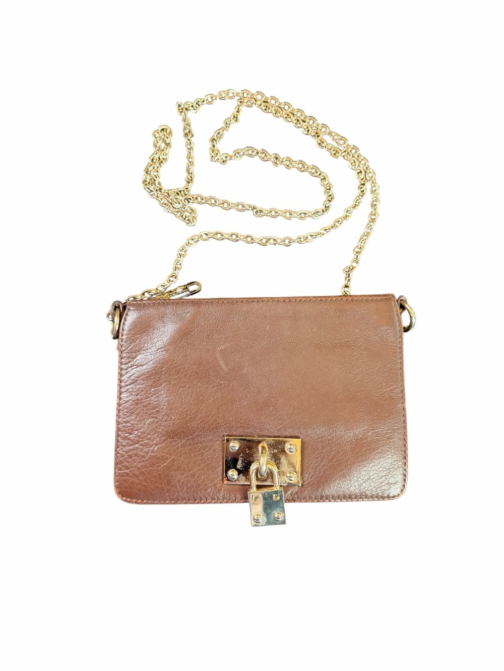 Alexis Hudson Brown Leather Mini Crossbody Bag Gold Chain Lock Magnetic Closure
